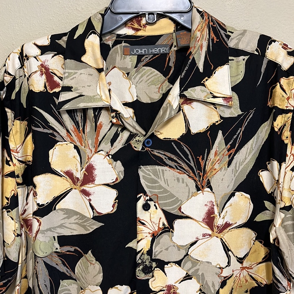 John Henry Hawaiian Print Shirt Black Yellow Cream Short Sleeve